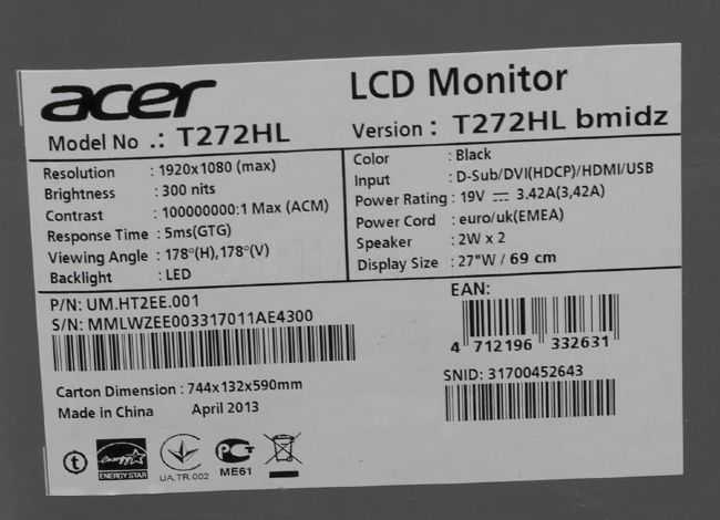 Жк монитор 27" acer t272hl bmidz — купить, цена и характеристики, отзывы